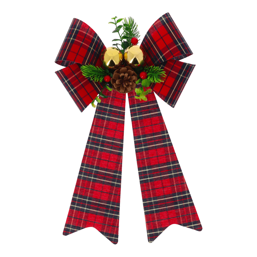 Nœud en tartan avec branchages et boules rouge/vert/or - 26x41cm
