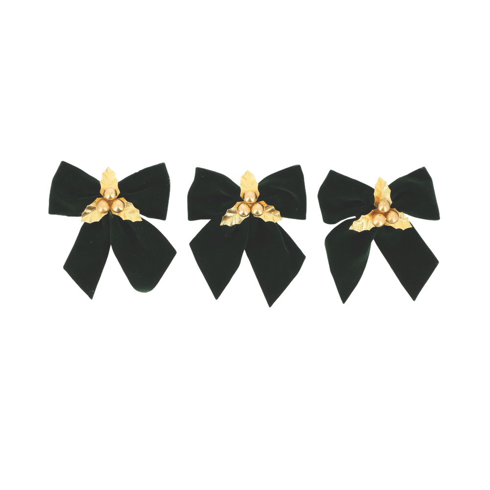 3 nœuds avec baies et houx en velours vert anglais/or - 10x12cm