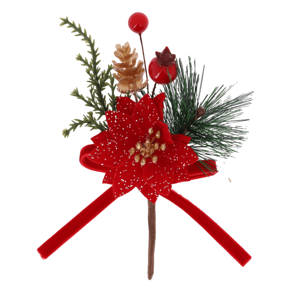 Branche éclat poinsettia avec nœud en velours vert/rouge/or - 13cm
