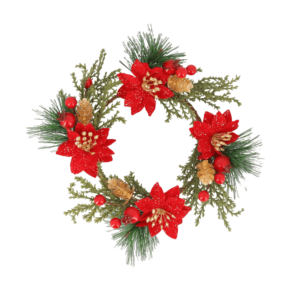 Couronne éclat avec poinsettias, coloris vert/rouge/or - D.19cm