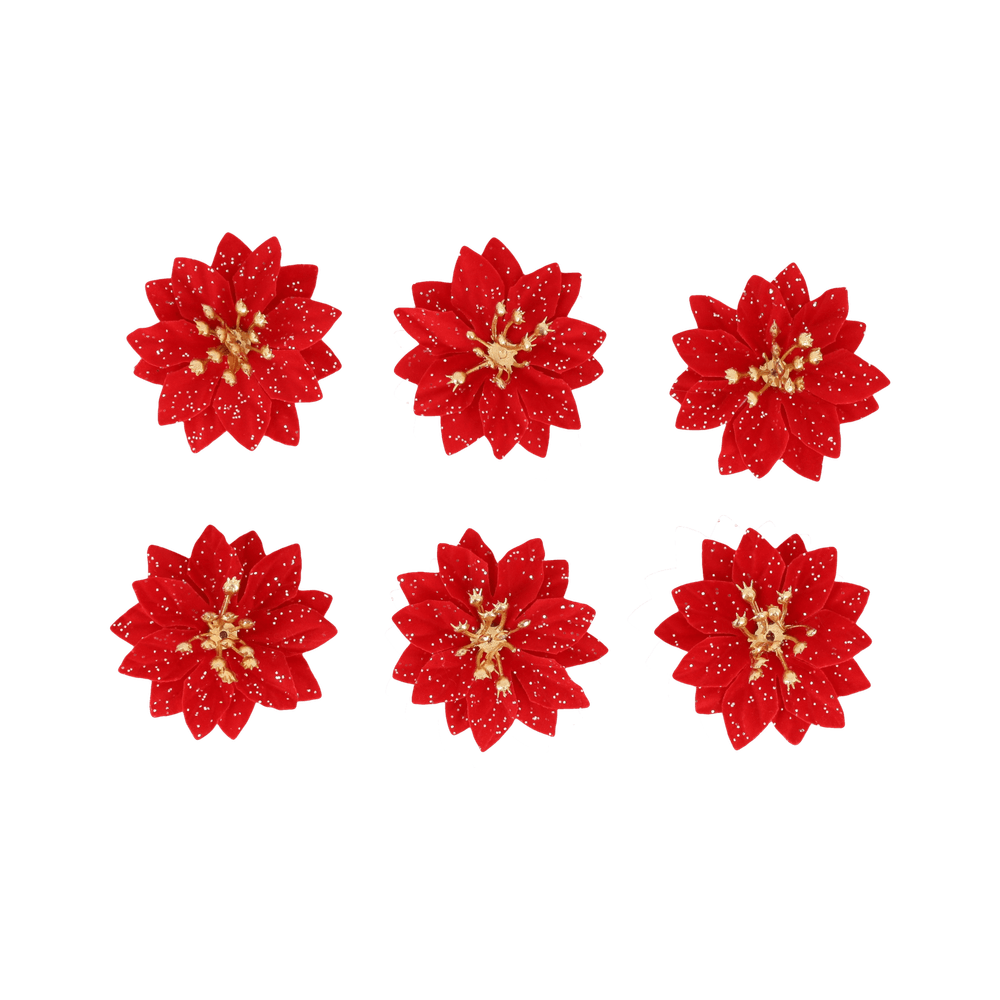 6 poinsettias pailletés avec adhésif en velours rouge/or - D.5,5cm