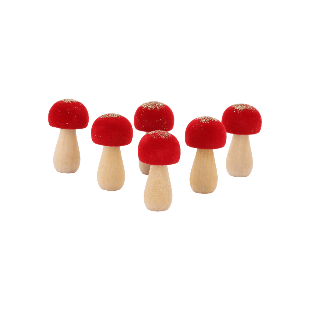 6 champignons en velours, bois rouge et paillettes or - D.2,5x4,5cm
