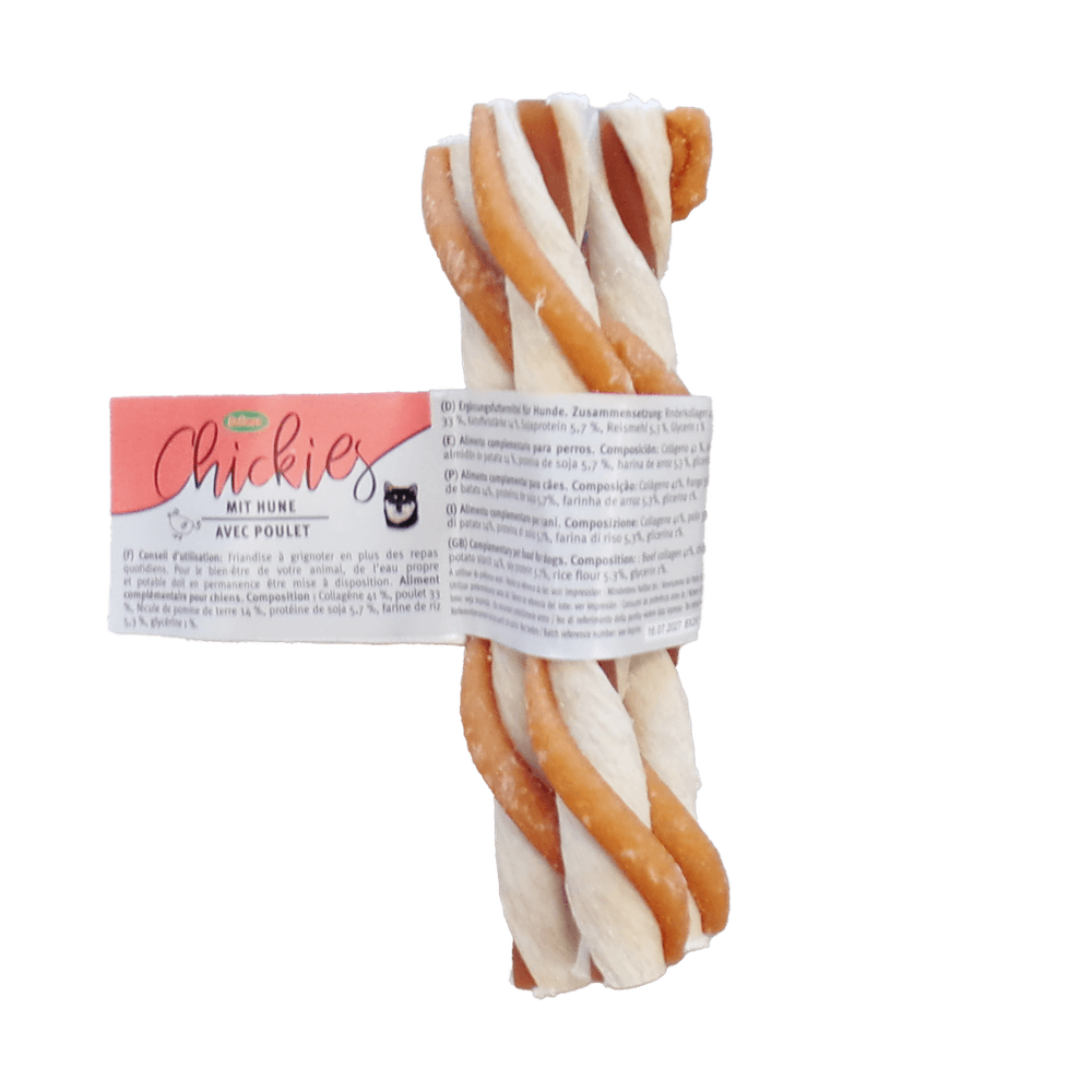 Friandise pour chien, bâtonnet de collagène torsadé au poulet, 15 cm