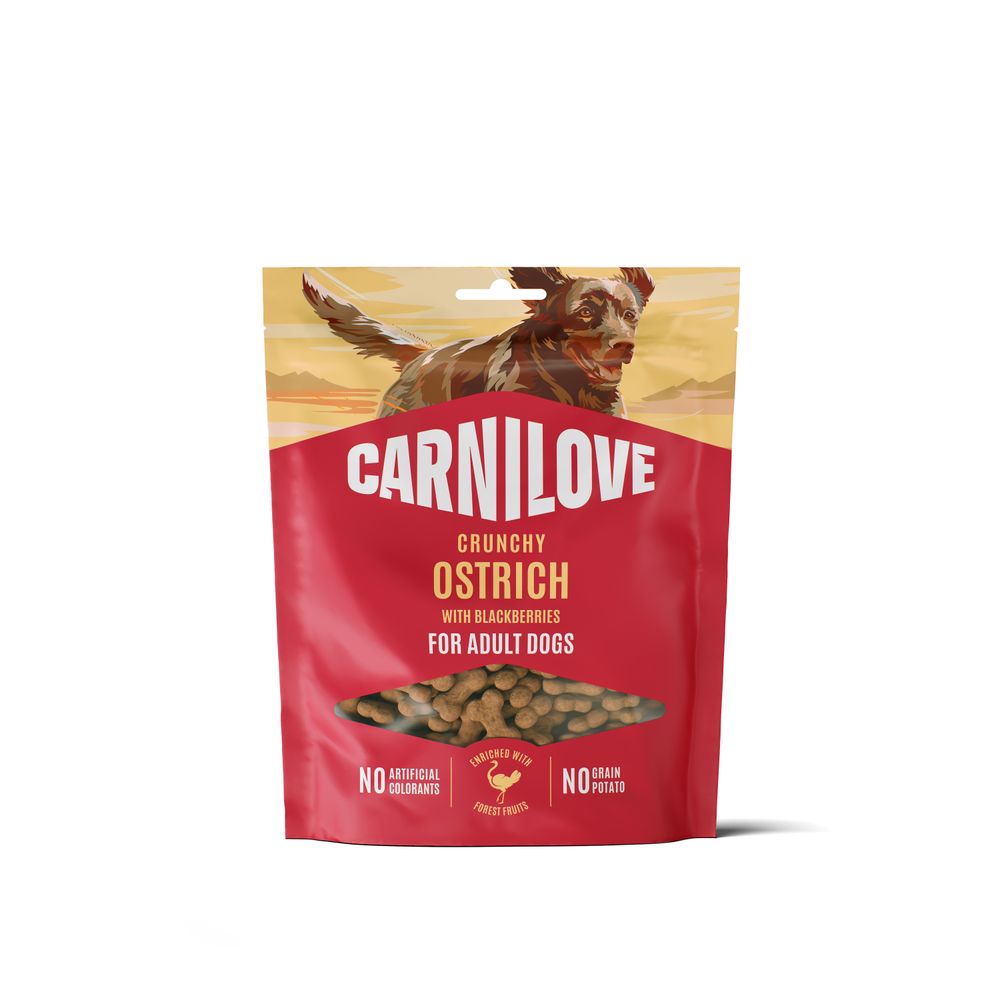 Friandises pour chien 'Crunchy', à l’autruche et aux mûres - 200g
