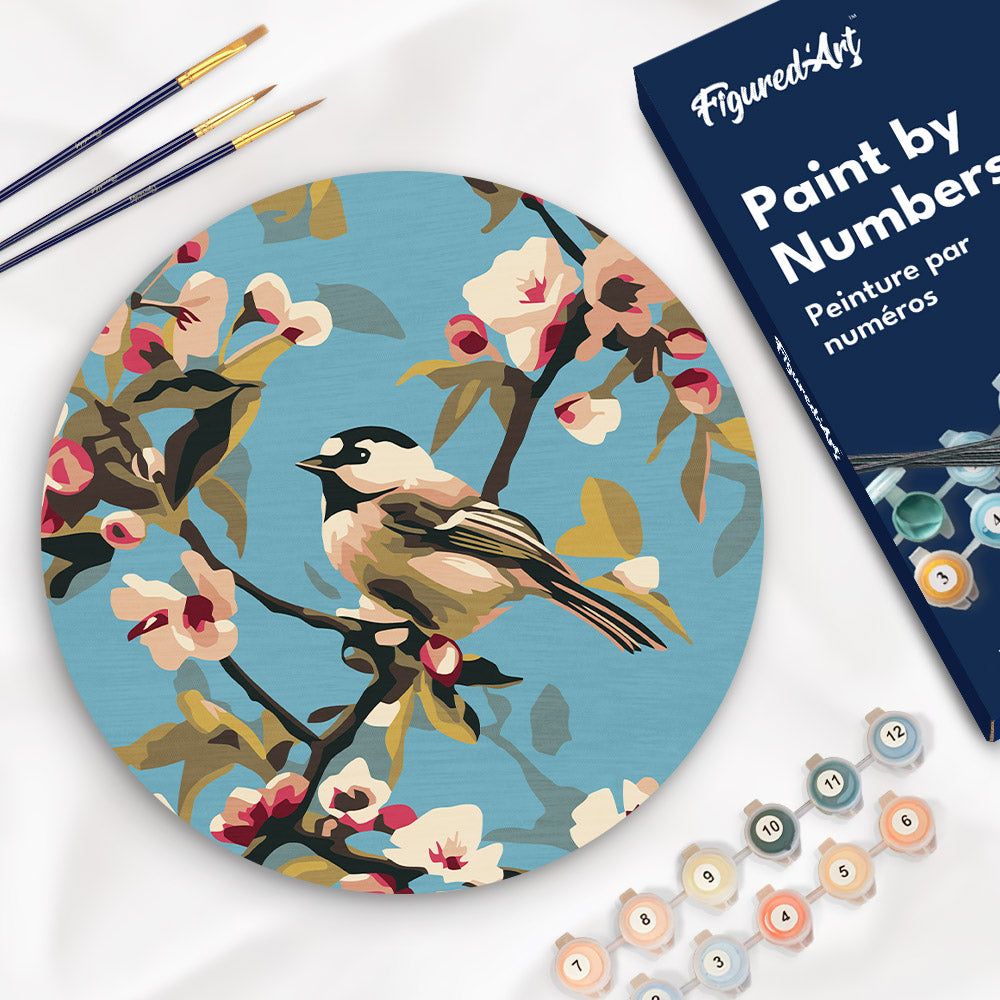 Peinture par numéros sur disque 'Oiseau sur branche' - D.30cm