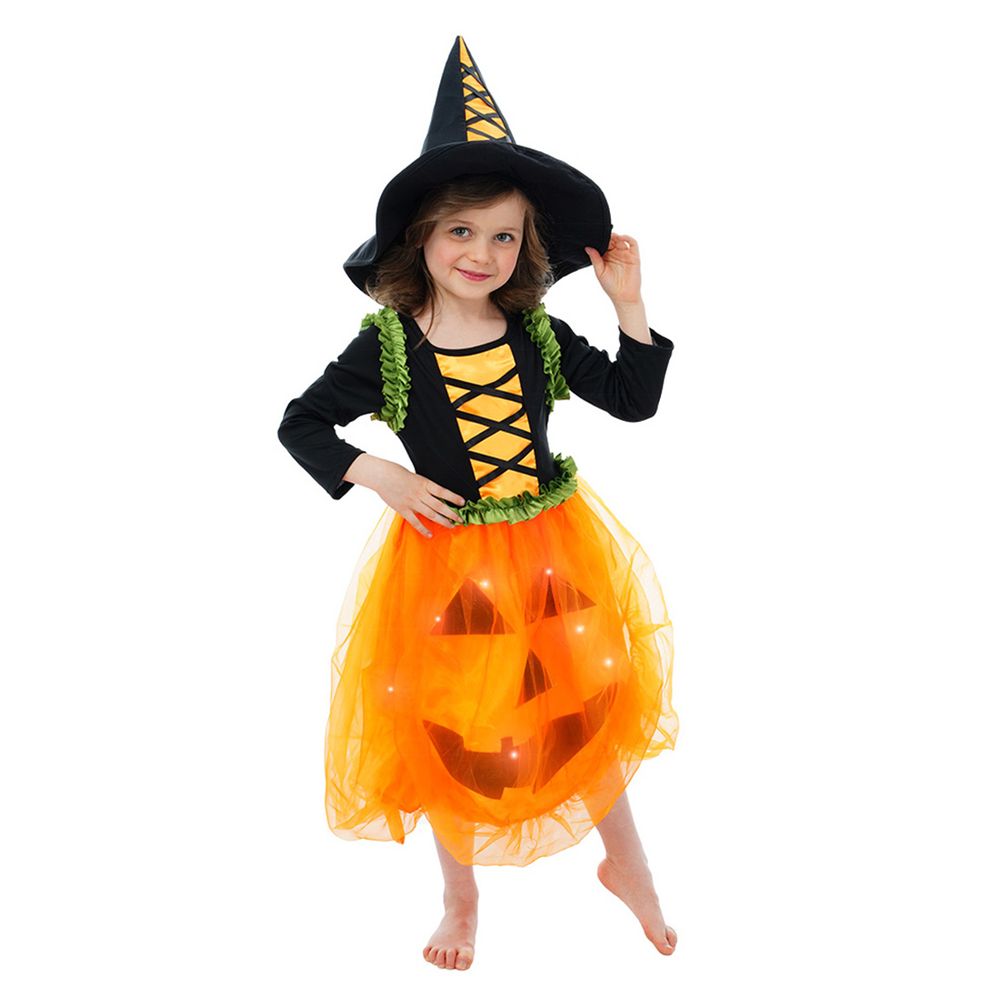 Déguisement enfant, robe citrouille LED avec chapeau - taille 128cm