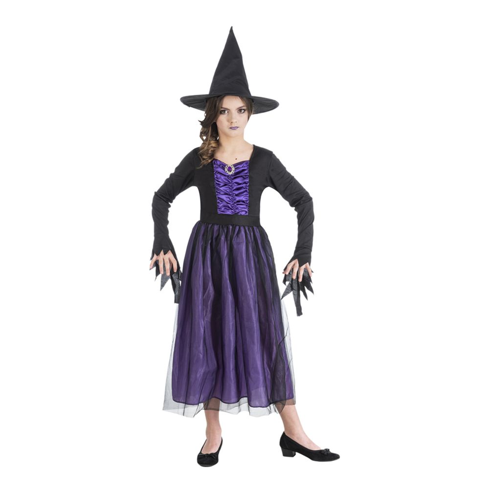 Déguisement enfant, robe de sorcière et chapeau violet - taille 128cm
