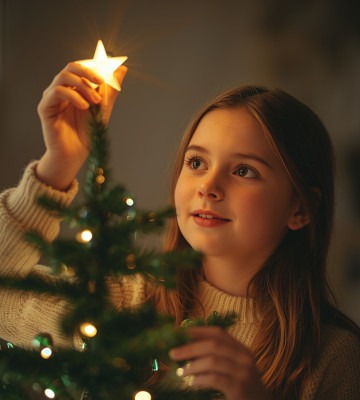 un adolescent qui installe l'étoile sur la cime du sapin de noël