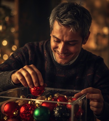 Un homme qui range les boules de son sapins dans une boite hermétique