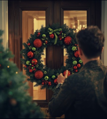 un père de famille qui accroche une couronne de noël à sa porte d'entrée