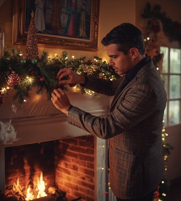 Décorations de Noël installé sur le manteau de cheminé par un homme