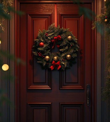 couronne de noël fixé à une porte d'entrée pour Noël