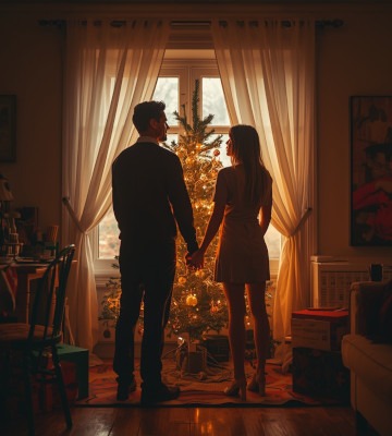 un couple qui choisi l'emplacement du sapin de noel