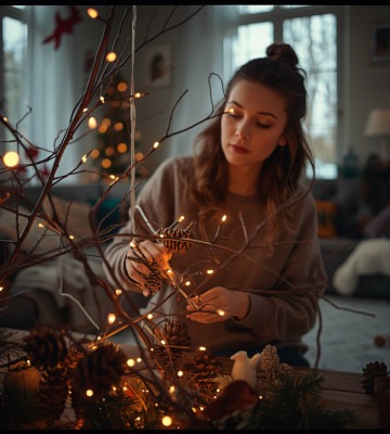 Une femme qui installe une décoration de noël skandinave