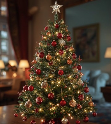 Sapin de Noël de petite taille mis en avant sur un buffet dans un salon