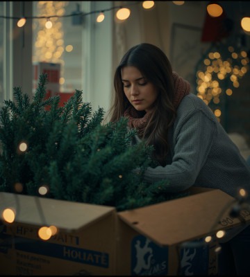 Un sapin artificiel rangé dans un carton par une jeune femme