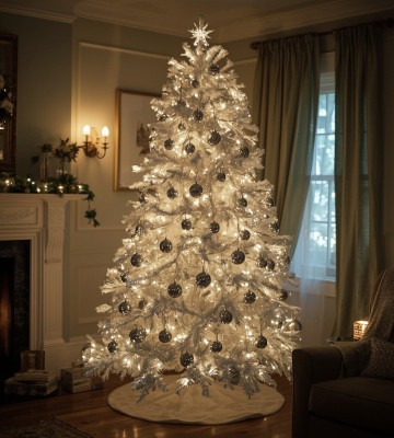 sapin de noël floqué décoré de guirlande électrique et de boules de Noël