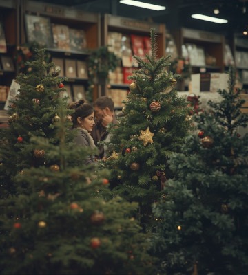 Un couple qui choisi son sapin de noel parmis différentes tailles